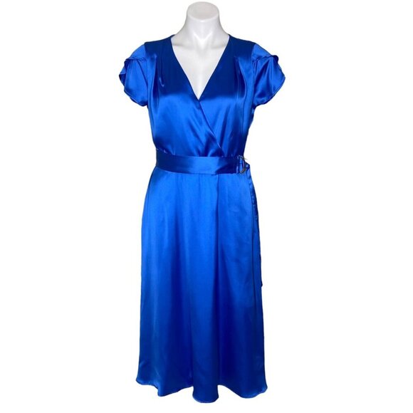 Tahari ASL NWT Blue Satin Midi Dress, Flutter Sleeves Belted Women's Size 8 - Picture 3 of 13